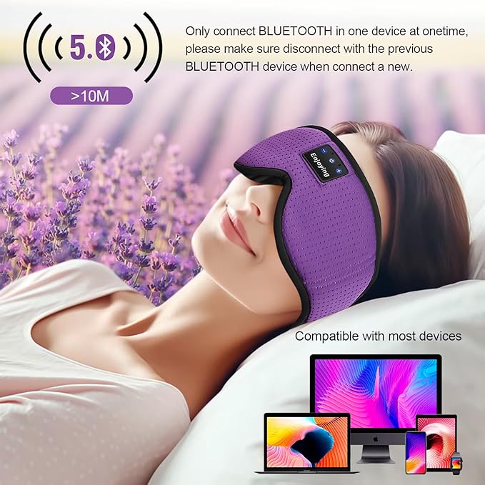 Sleep Headphones, Sleep Mask Bluetooth Wireless Music Eye Mask, Sleeping Mask for Side Sleepers Sleep Mask with 3D Bluetooth Headphones Ultra-Thin Stereo Speakers Perfect for Sleeping (Purple) - Bloomnest