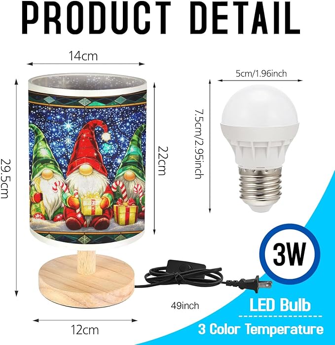 Christmas Gnomes Table Lamp LED 3-Color Pressed Bedside for Merry Christmas, Christmas Gnomes Shade Christmas Table Lamp with Wood Base for Bedroom Living Room Desk Office - Bloomnest