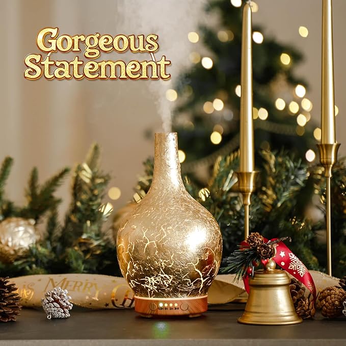 Porseme Gold Plated Essential Oil Diffuser Glass Aromatherapy Ultrasonic Humidifier, Auto Shut-Off,Timer Setting, BPA Free,Aroma Decoration for Home,Office,Gym,Spa,Premium Gift 150ml Porseme