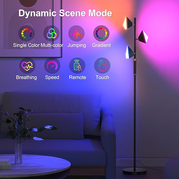 PARTPHONER RGB Tree Floor Lamp for Living Room, Stepless Dimmable Tall Standing Lamp with Remote, Touch Control and 3 Rotatable Light, Bright LED Lights for Bedroom with 4 Color-Changing, Black - Bloomnest