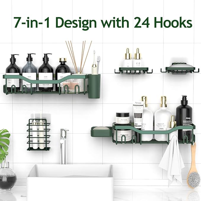 Shower Caddy Adhesive Shower Organizer 7-Pack, Rustproof Stainless Steel Bathroom Shelves, Large Capacity No-Drill Rack Storage Accessories with Soap Dish Toothbrush Holder Hooks - Bloomnest