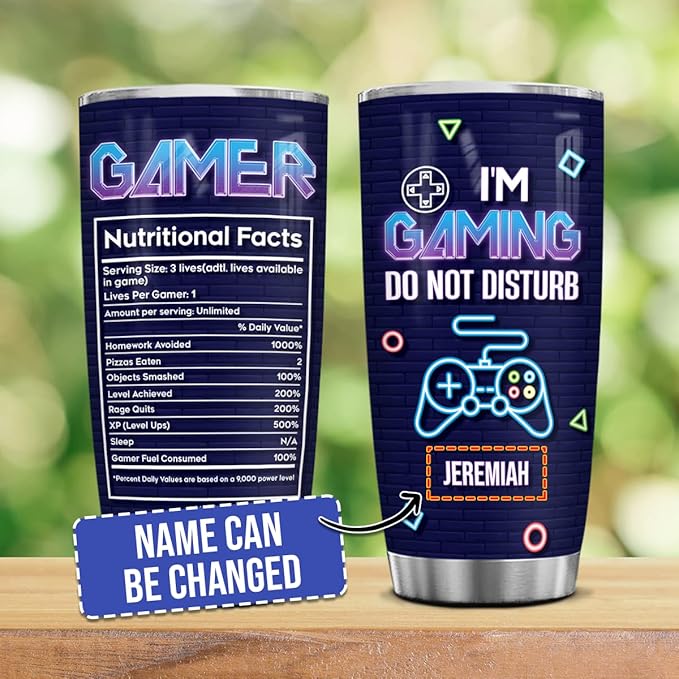 winorax Personalized Gamer Tumbler Nutrition Facts Custom Gaming Cup Tumblers Stainless Steel 20oz 30oz Coffee Mugs Gifts for Video Game Lovers Pro Gamers Men Women Birthday Christmas Presents - Bloomnest