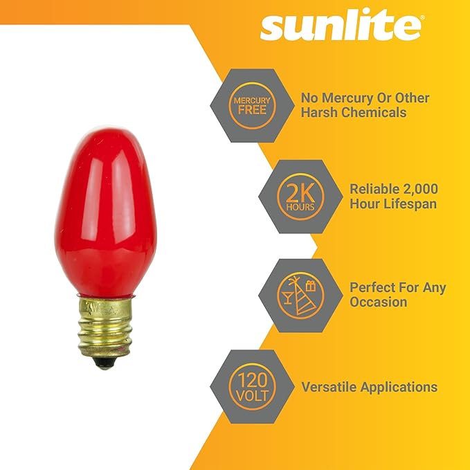 Sunlite 01275 7C7 Incandescent Bulb, 7 Watt, Candelabra E12 Base, C7 Small Night Light, Colored Bulb, Red, 25 Count - Bloomnest