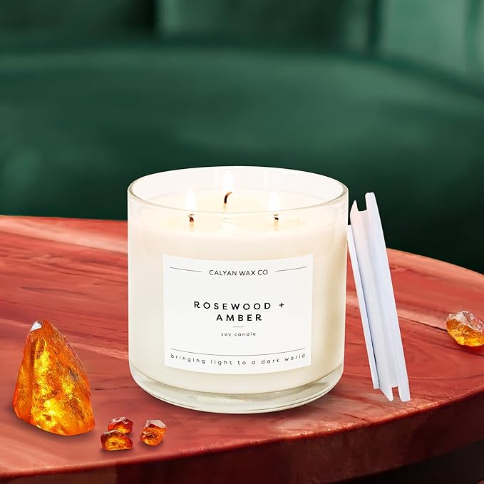Calyan Wax Co. Rosewood & Amber 3 Wick Scented Candle - 43 Hour Burn - Luxury 3 Wick Soy Candles - Non Toxic Soy Wax Candles - Long Lasting Large Glass Jar Candle for Home - 14.9oz - Bloomnest