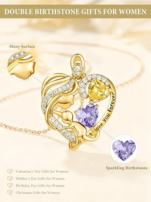 14K Gold Double Birthstone Heart Necklace for Women Mom, Mother Son/Daughter Pendant Necklace for Christmas Mother's Day Birthday Gifts for Wife Daughter Grandmom - Bloomnest