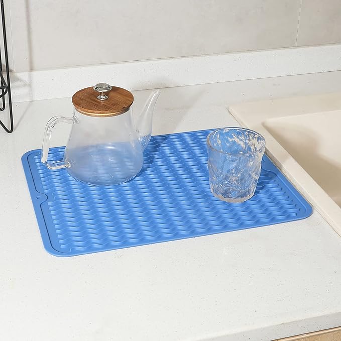 Silicone Dish Drying Mat for Multiple Usage,Easy clean,Eco-friendly,Heat-resistant Silicone Mat for Kitchen Counter or Sink,Refrigerator or Drawer liner Lichen BlueL M 12 inches x 12 inches - Bloomnest