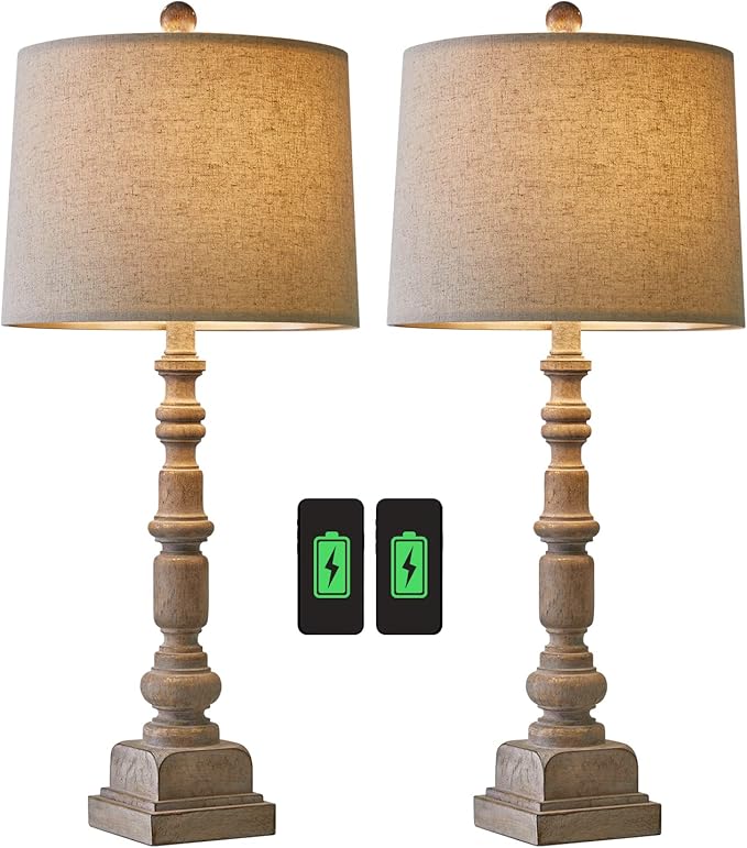 Oneach 27.75" Vintage Farmhouse USB Table Lamps Set of 2 for Living Room Bedroom Traditional Bedside Nightstand Lamp with Dual USB Port Resin Table Lamp with Rotary Switch for Living Room Bedroom - Bloomnest
