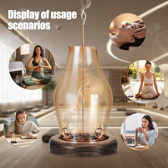 Glass Incense Holder for Sticks, Wooden Incense Stick Holder with Ash Catcher, Modern Insence-Stick Holder, Multi-Functional No Mess Incent Holder for Yoga Spa Meditation Home Zen Decor (Amber) - Bloomnest