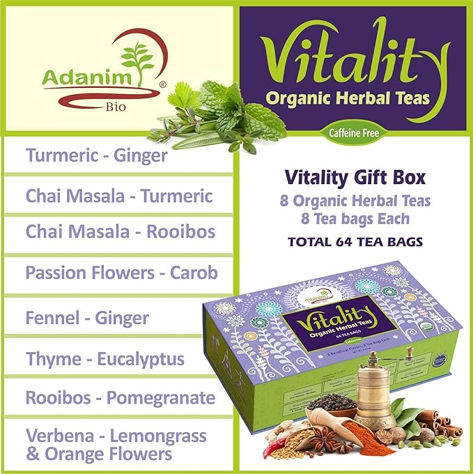 Adanim Bio Vitality Organic Tea Sampler Gift Set Box (8 Flavors Herbal Tea Variety Pack, 64 Individual Tea Bags) Caffeine Free Tea Sets, Assorted Tea Set, Tea Gifts for Tea Lovers - Bloomnest