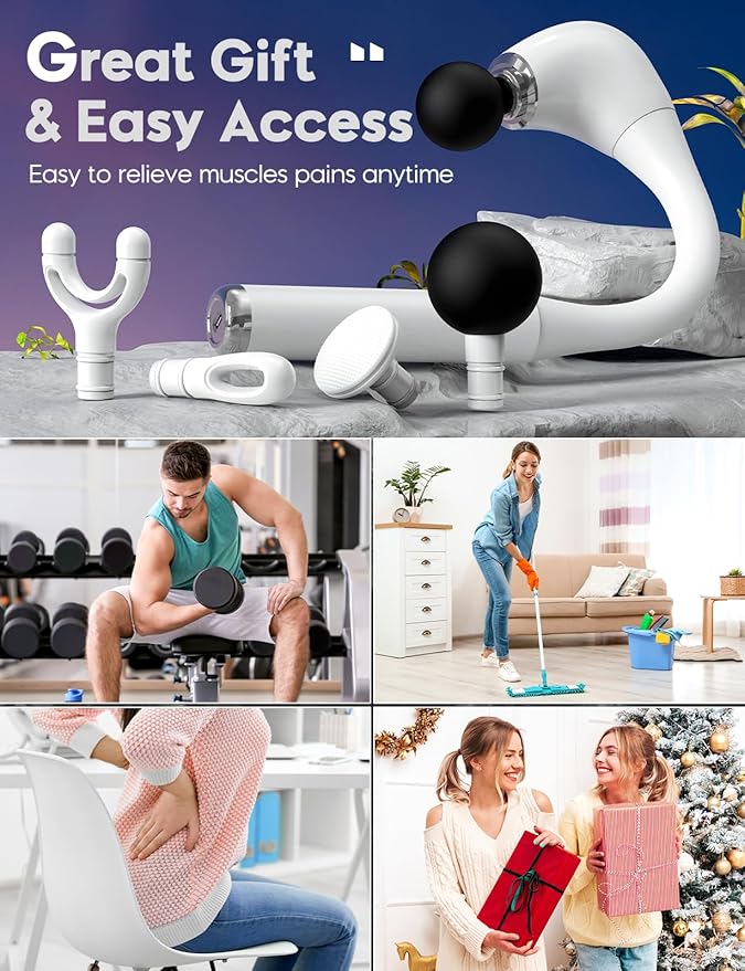 FVZ Massage Gun with Upgraded Extension Handle, 16MM Massage Gun Deep Tissue, Back Massager, Muscles/Neck/Shoulders/Waist/Legs Massager Portable for Pain Relief（White - Bloomnest