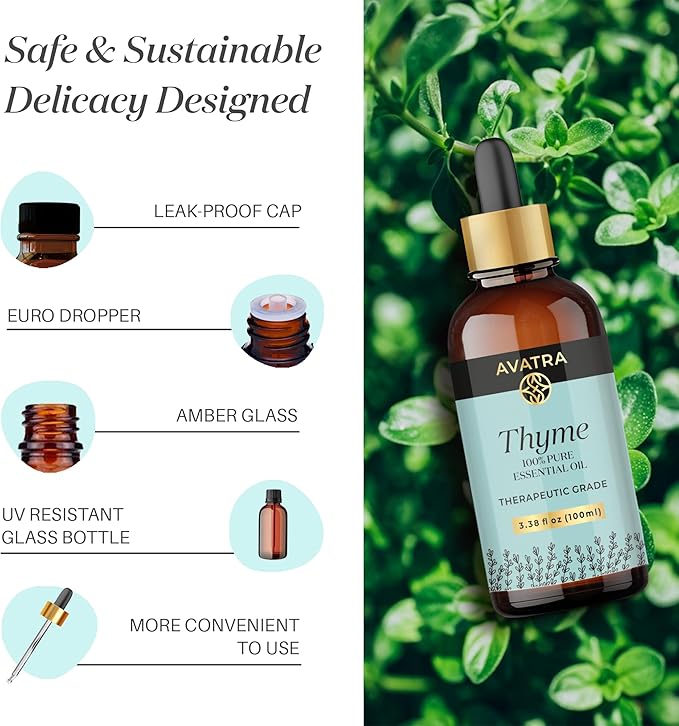 Avatra Thyme Essential Oil 100ML (3.38 OZ) with Glass Dropper and Travel Bottle, Pure and Natural Therapeutic Grade Thyme Oil for Diffuser, Aromatherapy, Massage, and DIY Candle Products - Bloomnest