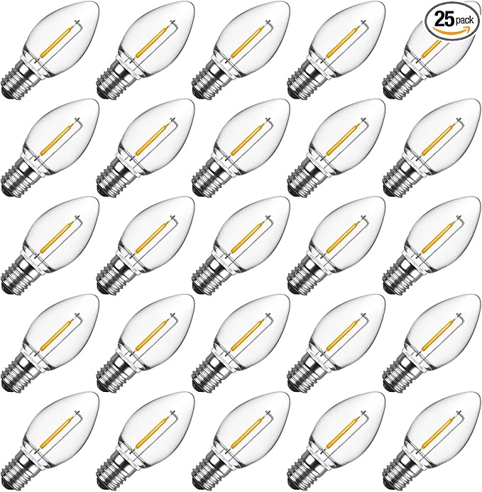 Meconard C7 LED Replacement Christmas Light Bulbs, C7 Shatterproof LED Bulbs for Christmas Indoor Outdoor String Lights, E12 Candelabra Base, Commercial Grade Holiday Bulbs, Warm White, 25 Pack - Bloomnest