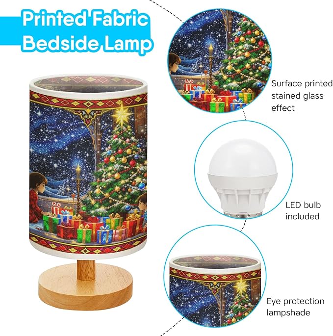 Christmas Eve Table Lamp LED 3-Color Pressed Bedside for Merry Christmas, Christmas Eve Shade Christmas Table Lamp with Wood Base for Bedroom Living Room Desk Office - Bloomnest