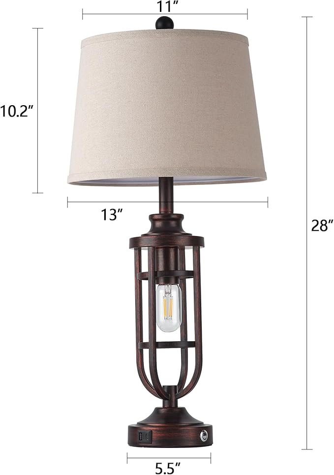 28" Table Lamps for Living Room Set of 2, Farmhouse Bedroom Lamps for Nightstand with USB A+C, Rustic Bedside Lamps for End Tables, Bulbs Included - Bloomnest