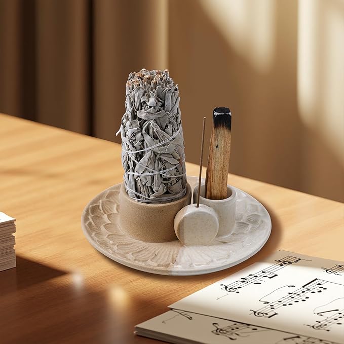 4 in 1 Incense Holder, Ceramic Incense Stick and Palo Santo Holder,Sage Holder for Burning- 5.5" Ceramic Ash Catcher Tray for Meditation and Yoga Room (Sand) - Bloomnest