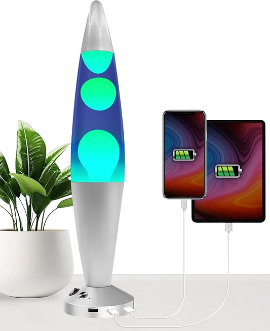 JAMBO 16-Inch Beautiful Lamp with Wax, Relaxing Night Light Home Decor, Extra Tall, Living Room Office Bedroom Lamp for Adults, Teens, Kids (USB, Auto Shut Off, Silver Base, Blue Liquid, Yellow Wax) - Bloomnest