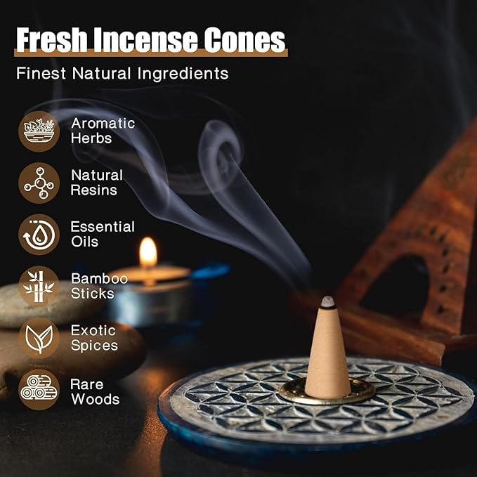 Incense Cones Set - Lavender, Jasmine, Sandalwood, Cinnamon, Rose, Dragons Blood for Meditation & Yoga