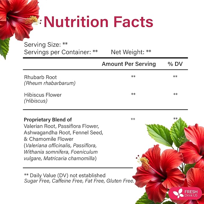 FreshDrinkUS, 40 Tea Bags - Menopause Support Herbal Tea – Soothing Blend with Rhubarb, Hibiscus, Valerian, Passiflora, Ashwagandha, Fennel & Chamomile, Caffeine-Free, Vegan, Non-GMO - Bloomnest