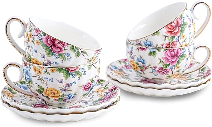 Ceramic Tea Cup and Saucers, 6.4oz Floral Tea Cups, Coffee Cappuccino Espresso Latte Mugs for Party Birthday,Christmas Gift (Flowers and green leaves) - Bloomnest