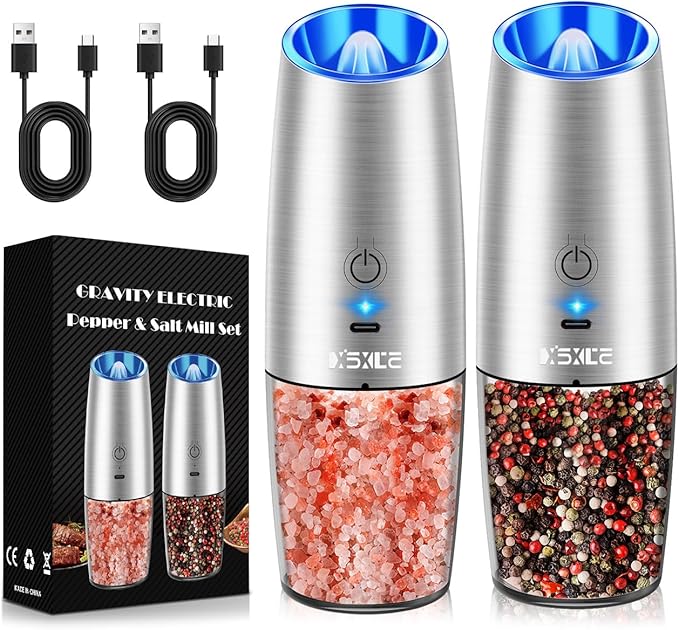 Rechargeable Electric Pepper and Salt Grinder Set, No Battery Needed, whit Gravity Sensing Switch and LED Light, One Hand Automatic Operation, Sliver, 2 Pack - Bloomnest