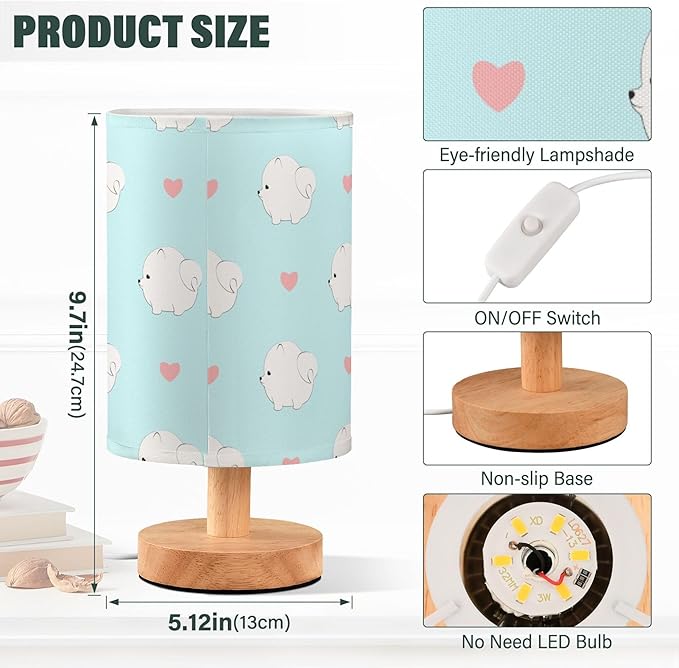 Table Lamp Cute Pomeranian Dog Puppy Heart Nightstand Lamp with Wood Base Fabric Lamp Shade Bedside Desk Lamp for Living Room Bedroom Kids Room Office - Bloomnest