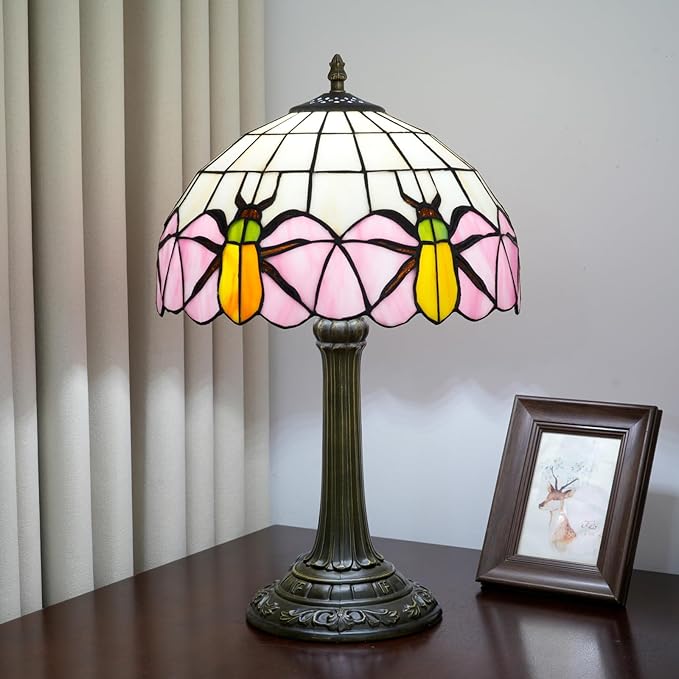 Tiffany Lamp Yellow Beetle Pink Stained Glass Table Lamp Vintage Bedroom Desk Light for Home Dorm Office Art Craft Antique Decor Accent Aesthetic Nightstand Reading Light - Bloomnest