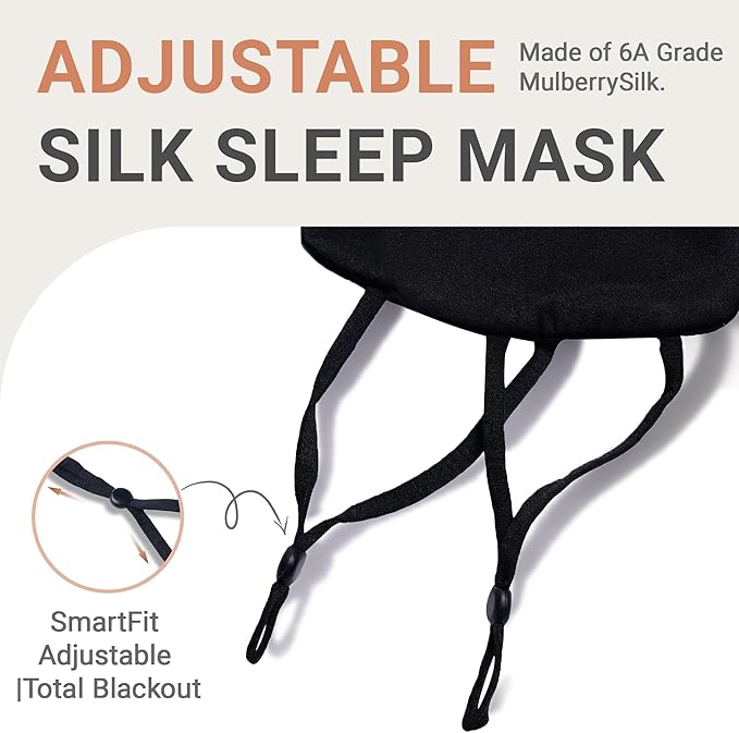 Black Natural Silk Eye Mask for Men & Women, Cloud-Shaped Lightweight Adjustable Hanging-Ear Design (8 Inches), Total Blackout Blindfold Gift Set for Travel by Timeless Artworks