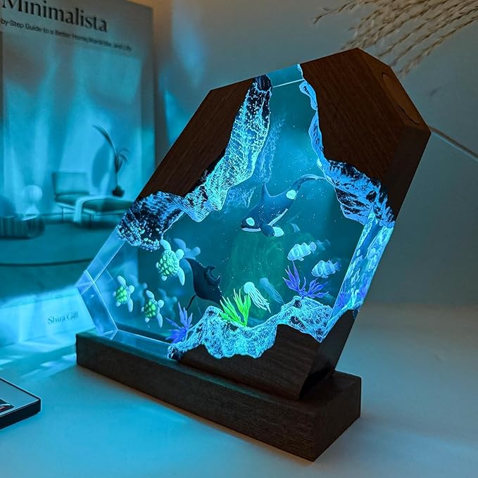Orca Ocean Resin Lamp, Handmade Wooden Table Resin Night Light, USB Port Art Ornaments for Home Office Decor, Scuba Diver Gifts for Birthday Holiday, Unique Thanksgiving Day and Christmas Gifts - Bloomnest