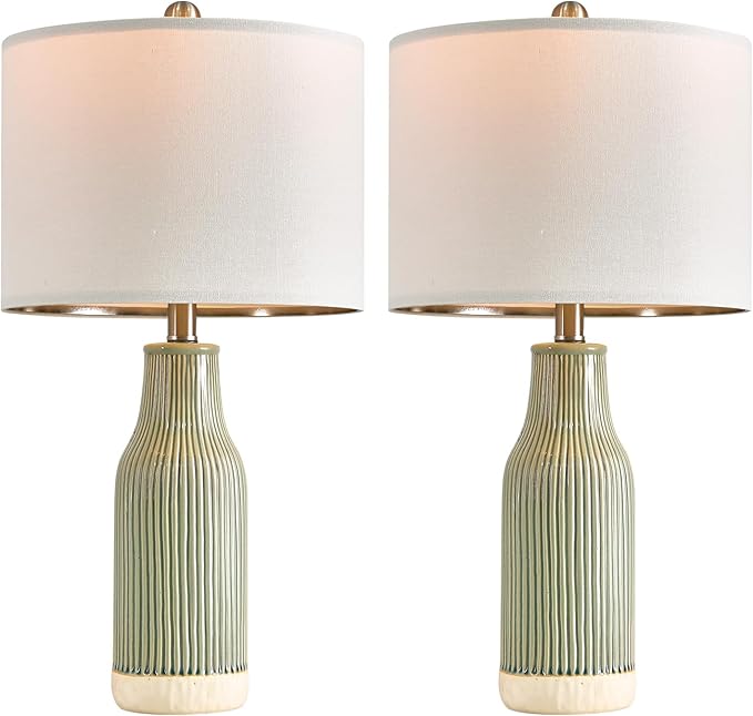 23.75" Modern Green Ceramic Table Lamp Set of 2 for Living Room, Farmhouse Bedside Nightstand Lamp for Bedroom Home Office Dorm - Bloomnest