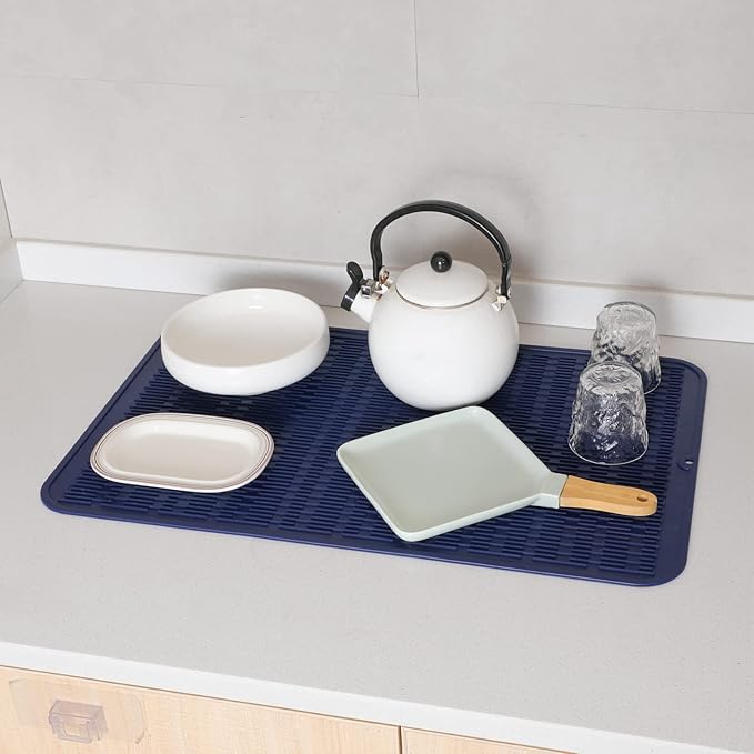 Silicone Dish Drying Mat for Multiple Usage,Easy clean,Eco-friendly,Heat-resistant Silicone Mat for Kitchen Counter or Sink,Refrigerator or Drawer Liner Navy Blue 3XL 28 inches x 18 inches - Bloomnest
