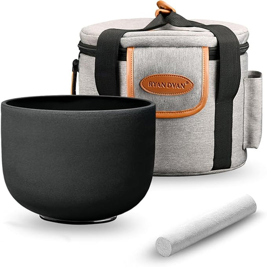 RYAN DVAN 11 Inch D Note Black Frosted Sacral Chakra Crystal Singing Bowl with Free Heavy-Duty Carrying Case and Suede Striker O-Ring - Bloomnest