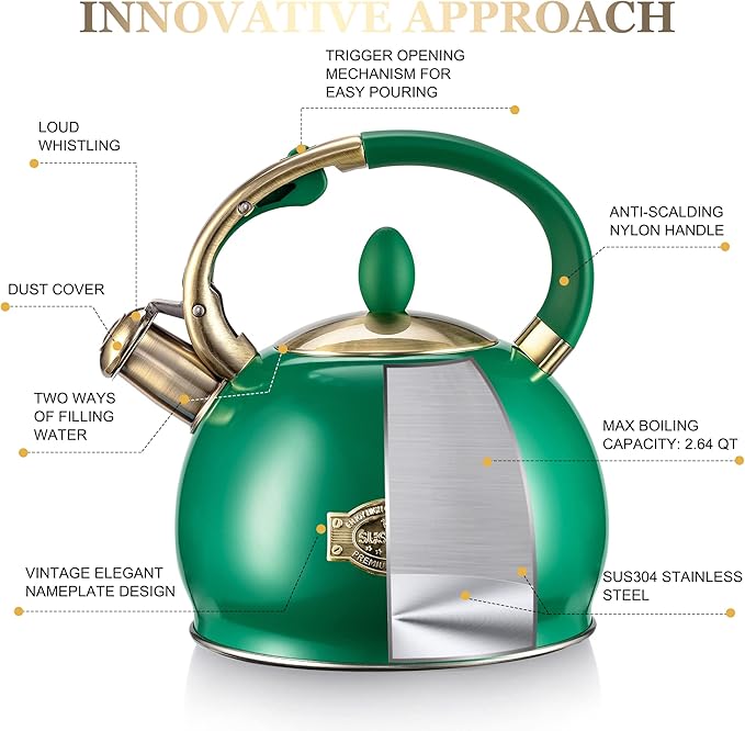 SUSTEAS Stove Top Whistling Tea Kettle - Food Grade Stainless Steel Teakettle Teapot with Cool Touch Ergonomic Handle, With 1 Silicone Pinch Mitt Included, 2.64 Quart (Green) - Bloomnest