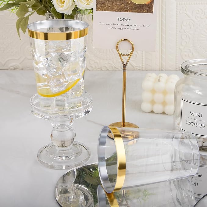 I00000 200 Pack 12 oz Gold Plastic Cups, Clear Disposable Cups, Disposable Plastic Wine Glasses Cocktail Glasses Premium Cups with Gold Rim, 12 Ounce Tumblers for Party & Wedding - Bloomnest
