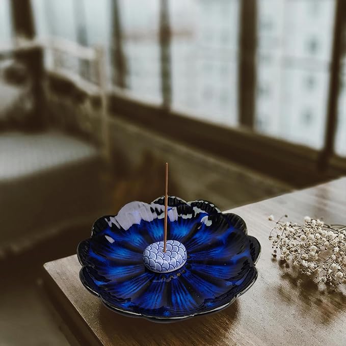 Ceramic Incense Holder for Sticks, Handmade Incense Burner Trays with 3 Pcs Incense Holes, Multi-Purpose Ash Catcher for Coils, White Sage & Palo Santo, Smudge Bowl for Meditation Yoga Decor (Blue)