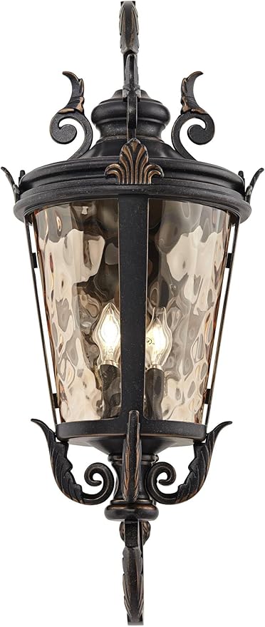 John Timberland Casa Marseille Vintage Outdoor Wall Light Fixture Veranda Bronze Scroll Frame 31" Champagne Hammered Glass for Exterior House Porch Patio Outside Deck Garage Yard Front Door - Bloomnest