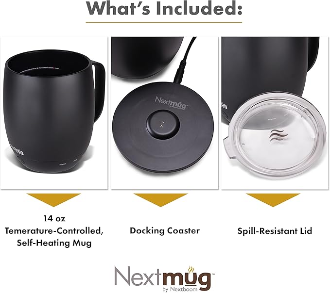 Nextmug - Temperature-Controlled, Self-Heating Coffee Mug (Black - 14 oz.) - Bloomnest