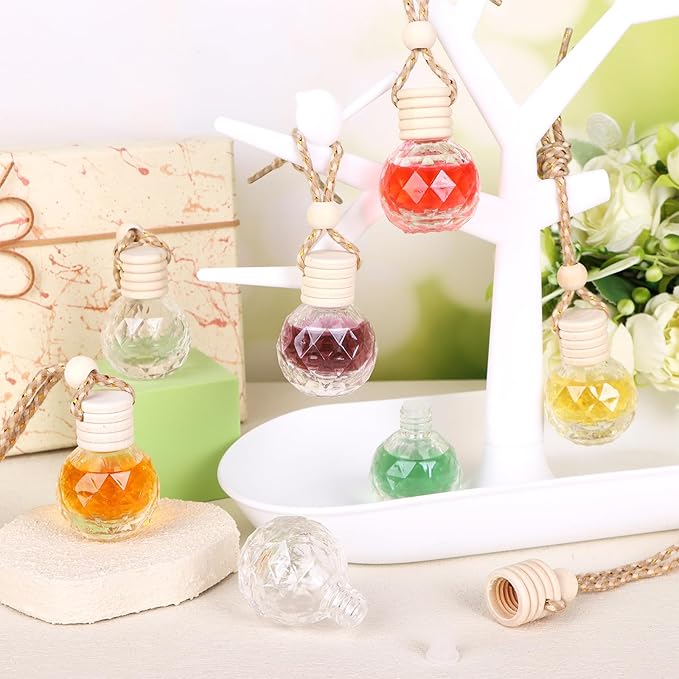 60 Pcs Hanging Car Air Freshener Car Diffuser Bottle Empty Glass Perfume Bottles Air Freshener Diffuser Bottle Pendant for Essential Oils Fragrance Aromatherapy Ornament Decor (Round Diamond) - Bloomnest
