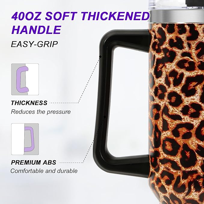 40 oz Tumbler with Handle and Flip Straw Lid, Vacuum Insulated Leak Proof Double Walled Stainless Steel Travel Mug Tumblers, Maintains Cold Ice and Heat for Hours(Leopard Brown Tumbler) - Bloomnest