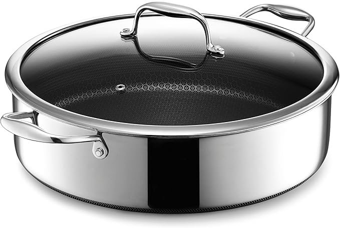 HexClad Hybrid Nonstick 7-Quart Sauté Pan with Tempered Glass Lid, Chicken Fryer, Stay-Cool Handles, Dishwasher-Friendly, Oven-Safe Up to 900°F, Induction Ready, Compatible with All Cooktops - Bloomnest