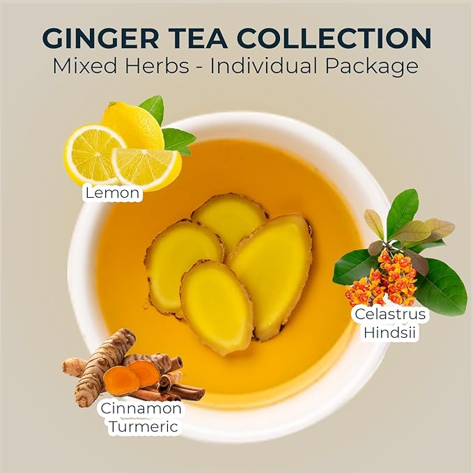Ginger Lemon Tea Bags - 55 Count (+5 Tea Bags) - 5.22 oz, Refresh Sour, Re-Steep Herbal Detox Tea Blend for NaturalSupport and Body Warm, Energy Support, Bamboo Tong Include - Bloomnest