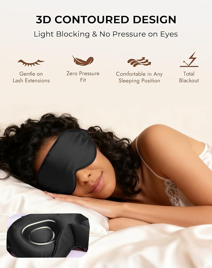 SilkSilky 100% 22 Momme Mulberry Silk Sleep Mask – Upgraded 3D Contoured Eye Mask with Nose Wing Pads & Adjustable Strap, Luxury Blackout Eye Cover for Women & Men (Black) - Bloomnest