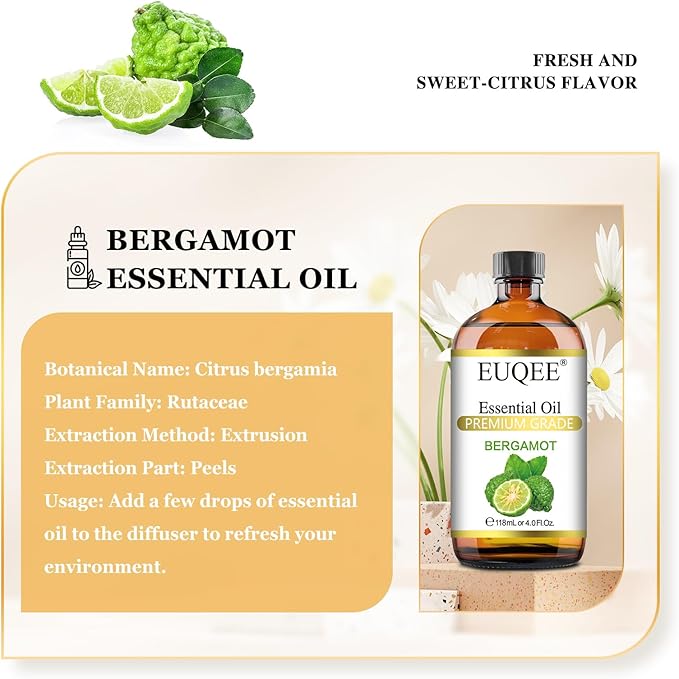 EUQEE Bergamot Essential Oil 118ml Pure Bergamot Oil for Aromatherapy, Diffuser, Sopa Candle Making, Large Bottle with Gift Box -4 fl.oz - Bloomnest
