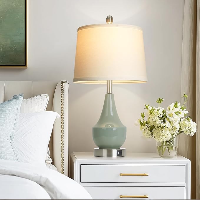 Modern Green Table Lamp Set of 2, 24" Ceramic Table Lamp with USB A+C Ports,Classic Beside Lamps Nightstand Lamp Modern Lamp for Living Room, Bedroom & Office -LED Bulbs Included - Bloomnest