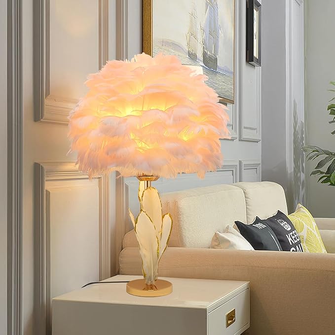 Pink Feather Lamp Goose Furry Table Lamp Princess Modern Fluffy Desk Lamp Simple Wedding Decor Romantic Bedside Night Light for Girl Bedroom Living Room Hotel - Bloomnest