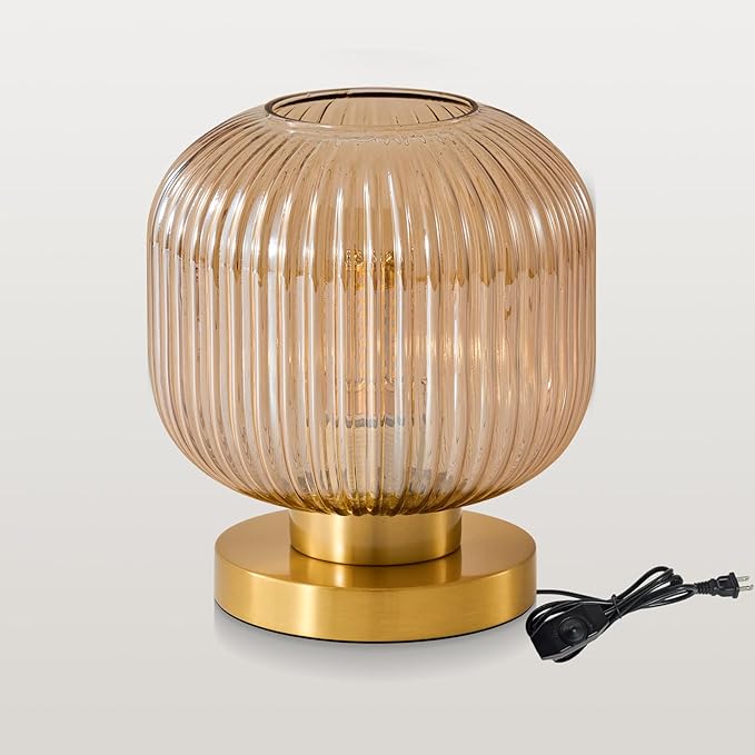 Mid Century Globe Table Lamp: Amber Vintage Pumpkin Ribbed Glass Dimmable Plug in Bedside Lamps - Cute Brass Gold Modern Side Table Lamp Nightstand Light for Bedroom Entryway Office Desk Living Room - Bloomnest