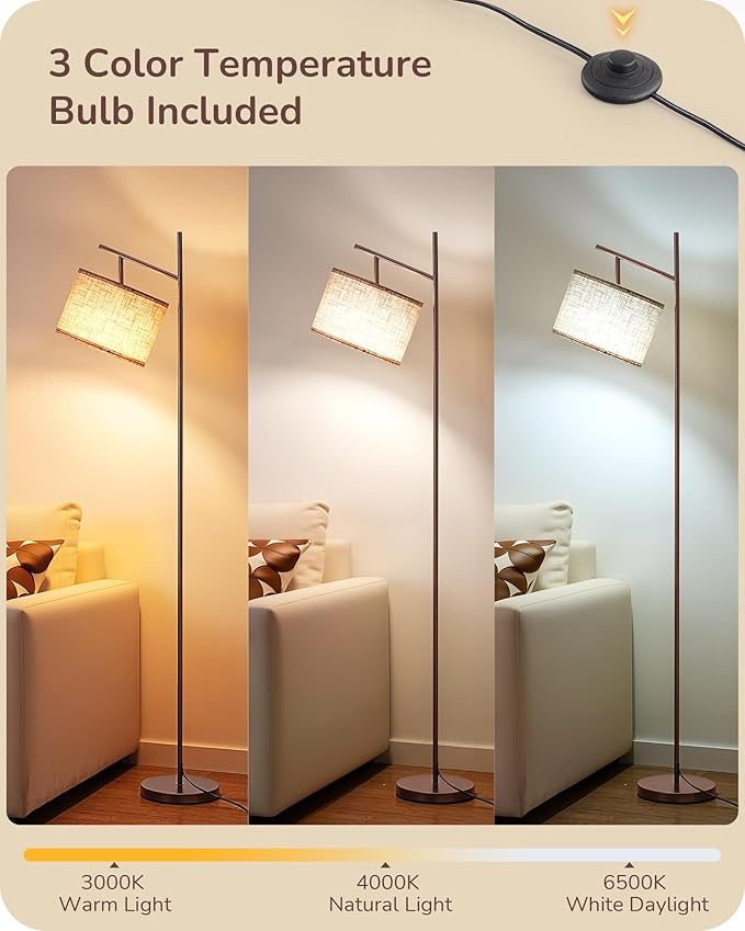 EDISHINE 64.7" Modern Minimalist Floor Lamps for Living Room with 3 Color Temperatures Bulb & Adjustable Linen Shade, Foot Pedal Switch, Tall Standing Lamp for Bedroom Office, Brown - Bloomnest