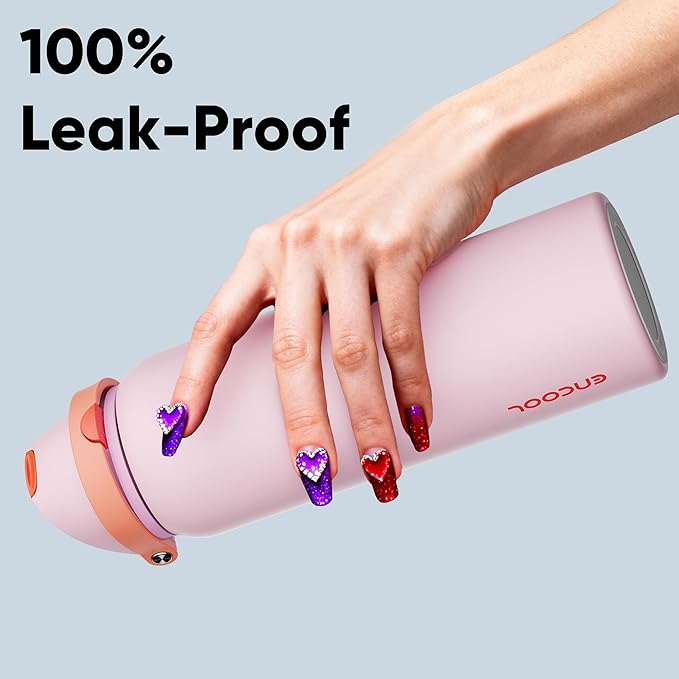 Insulated Water Bottle with Straw - Encool Stainless Steel Water Bottle with Push Button Lid, Leak-Proof & BPA-Free, Keeps Cold for 24 Hours for Sports, Travel, Gym (40 oz, Lily-Red) ENCOOL