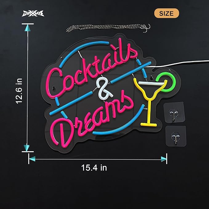 Cocktails and Dreams Neon Sign for Wall Decor Beer Bar Neon Light Smart plug timer compatible USB-Powered Perfect for Home Bars, Pubs & Restaurants (15.4x12.6 Inches) - Bloomnest