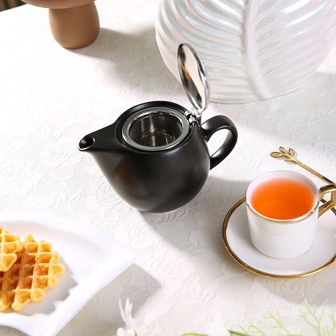 Small Ceramic Teapot With Stainless Steel Infuser, Heat Resistant, Perfect Tea Maker, Black, 350ml/12.0oz