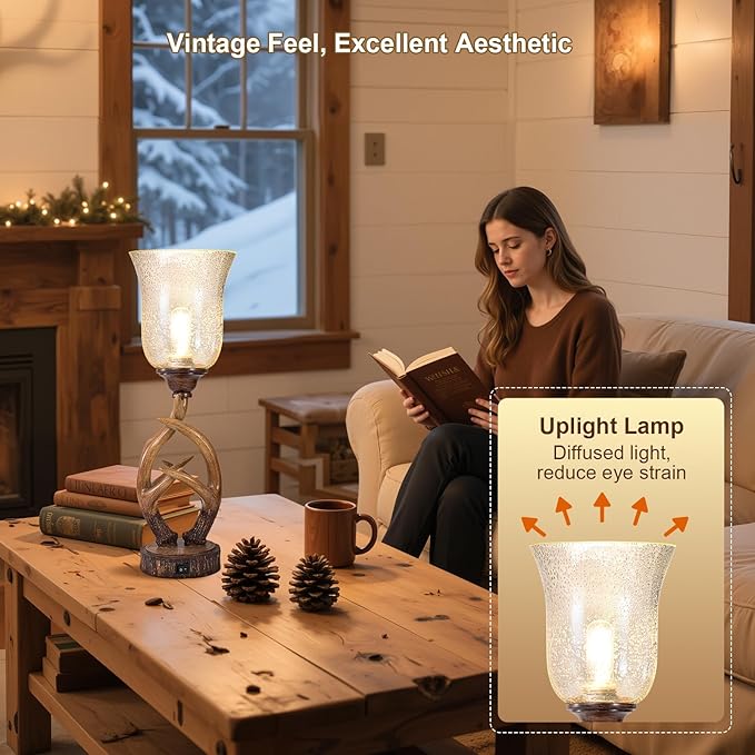 Scenekoy Antler Table Uplight Lamp for Living Room Bedroom, 20.5” Resin Memory Function Bedside Lamps with Glass Shade, Rustic Nightstand Lamp with USB Ports for Home Room Decor (Bulb Included) - Bloomnest